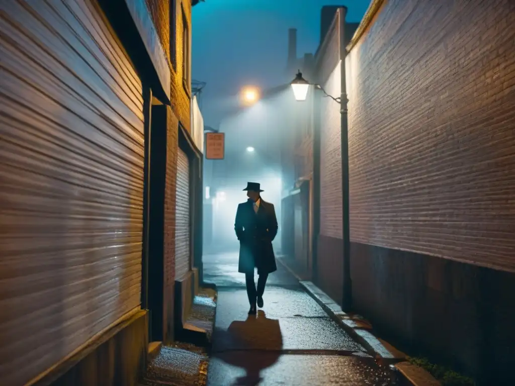 Dos figuras fumando en un callejón oscuro de noche, iluminados por una farola, evocando la evolución del género detectives