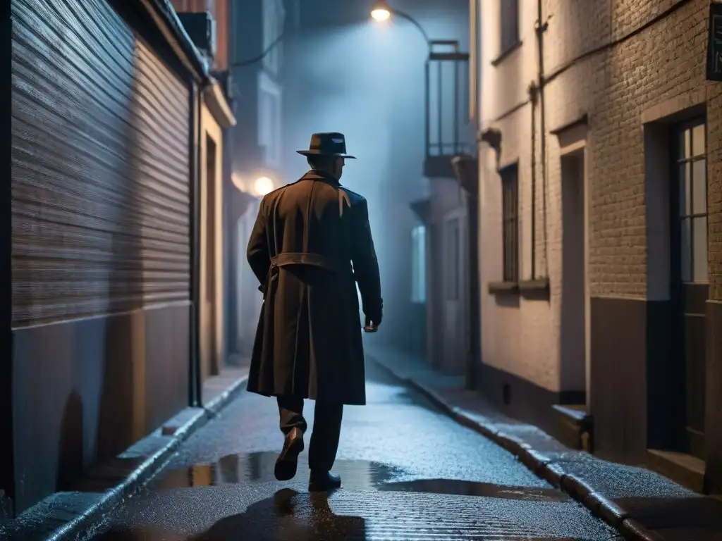 Dos figuras en combate en un callejón oscuro, evocando el cine negro, con un personaje en sombrero y abrigo