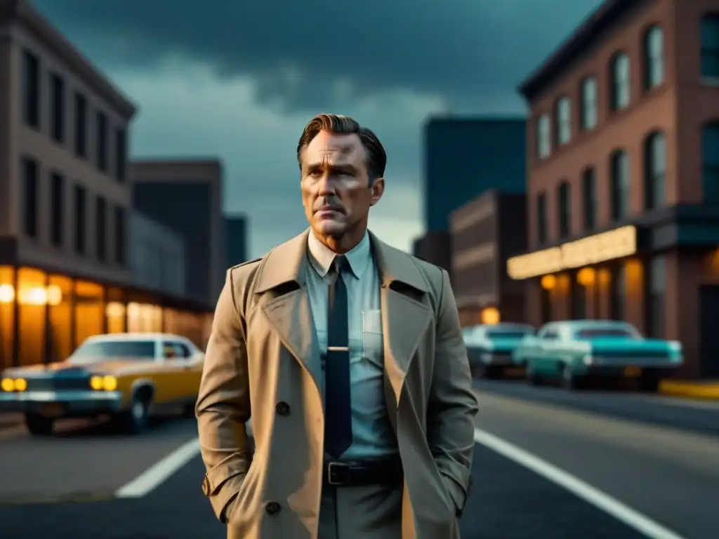 Figuras de colección True Detective en la oscuridad de la ciudad, con detalles misteriosos y expresiones intrigantes