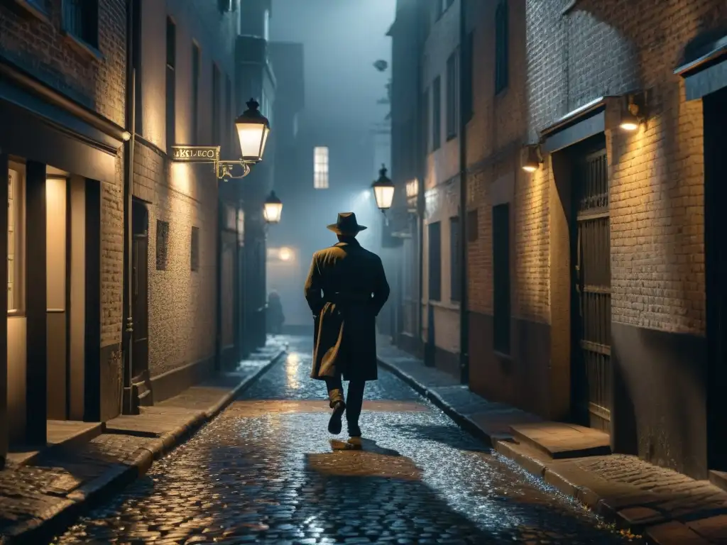 Dos figuras de detectives en noir en un callejón nocturno, bajo la luz de una farola titilante