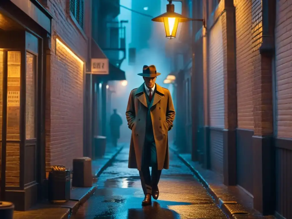 Figuras de acción detectives cine: Escena misteriosa de un callejón nocturno, detective bajo farola, neón 'Investigations'