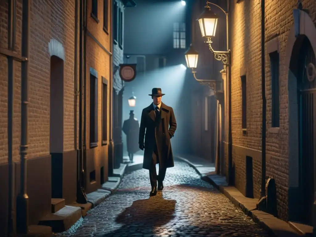 Dos figuras enfrentadas en un callejón oscuro iluminado por una farola, evocando suspenso y peligro al estilo Film Noir