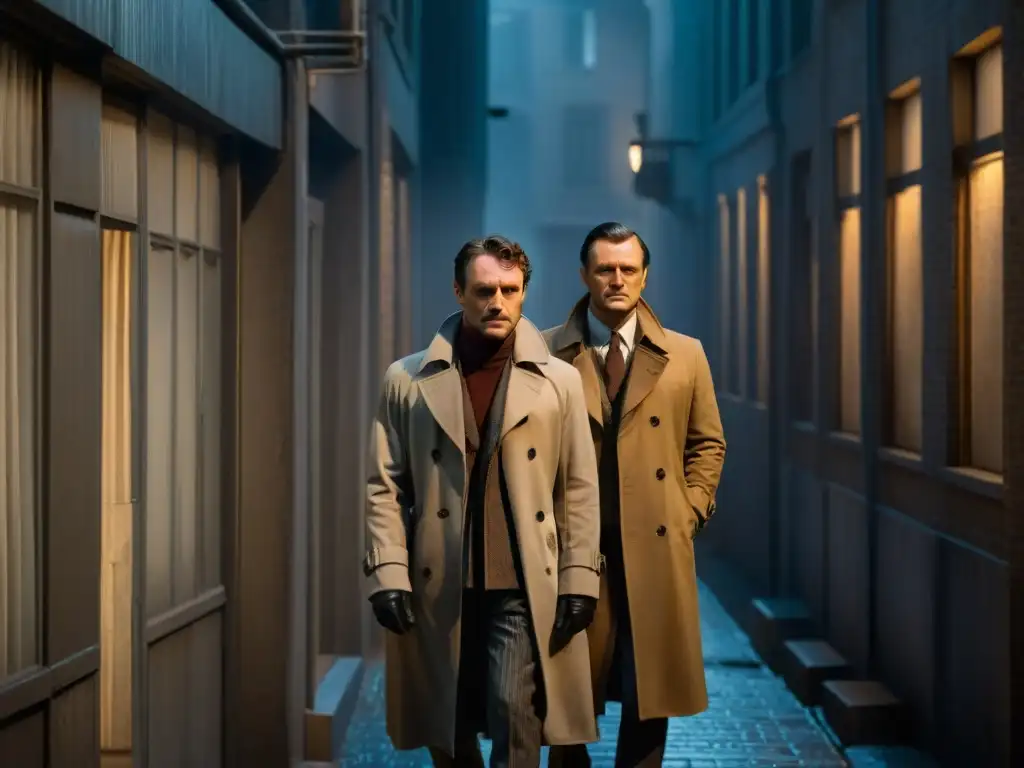 Dos figuras en gabardina en un callejón sombrío, una con expresión severa y la otra con una sonrisa siniestra, evocando la relación entre Will Graham y Hannibal Lecter en estilo Film Noir