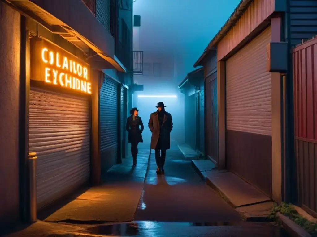 Intercambio clandestino en callejón oscuro: misterio y peligro Dos figuras en intercambio clandestino en un callejón oscuro por la luz de un letrero de neón, evocando suspenso y misterio