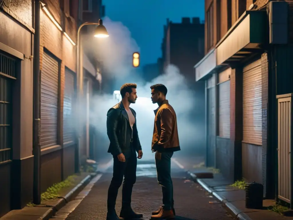 Dos figuras en pelea en un oscuro callejón, iluminadas por la luz tenue de una farola