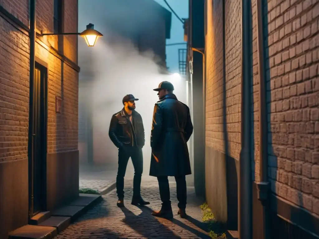 Dos figuras en penumbra en un callejón oscuro, iluminadas por farola titilante