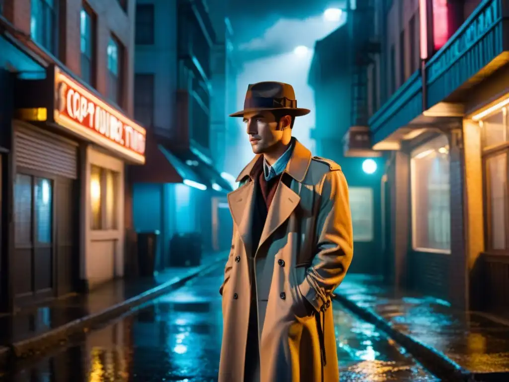 Un fotógrafo misterioso bajo la luz de la farola en un callejón nocturno de la ciudad, capturando la tecnología en tramas de misterio