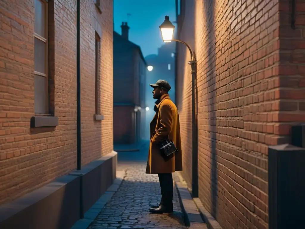 Un fotógrafo solitario en un callejón oscuro con una cámara vintage, evocando la estética del cine negro