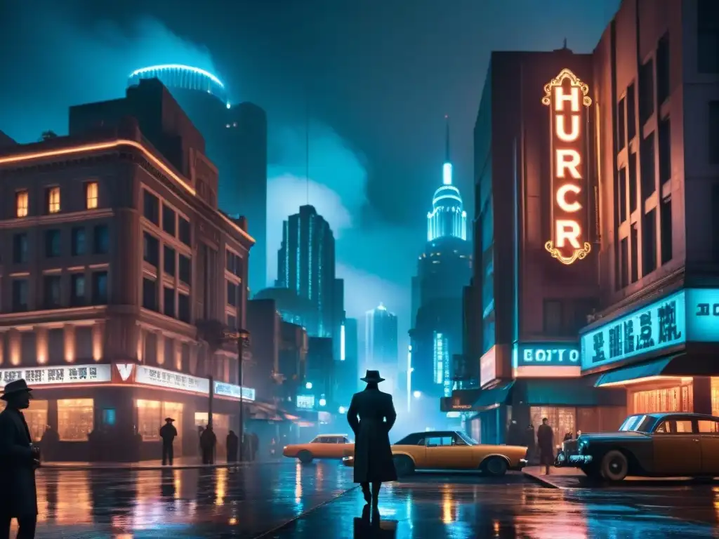 Visión futurista de un escenario nocturno de ciudad, con rascacielos, neón y detectives, evocando el cine detectivesco clásico