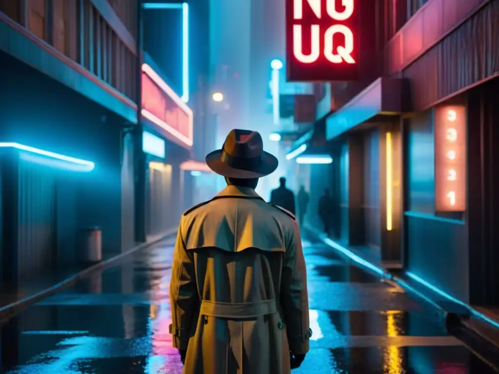 En un futuro distópico, un detective en la penumbra de un callejón, bajo la luz de neón