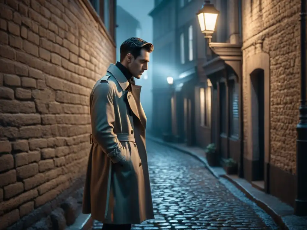Noche de misterio: figura en la penumbra bajo farol en callejón oscuro Renovación del género de detectives: Figura misteriosa bajo farola en callejón sombrío en blanco y negro, con atmósfera de suspense y tensión