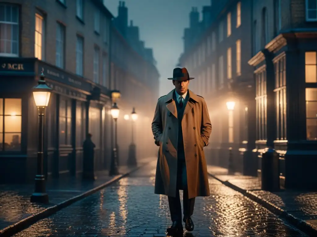 La evolución del género de detectives cobra vida en esta imagen noir: un detective bajo la luz de la farola, con la ciudad envuelta en misterio