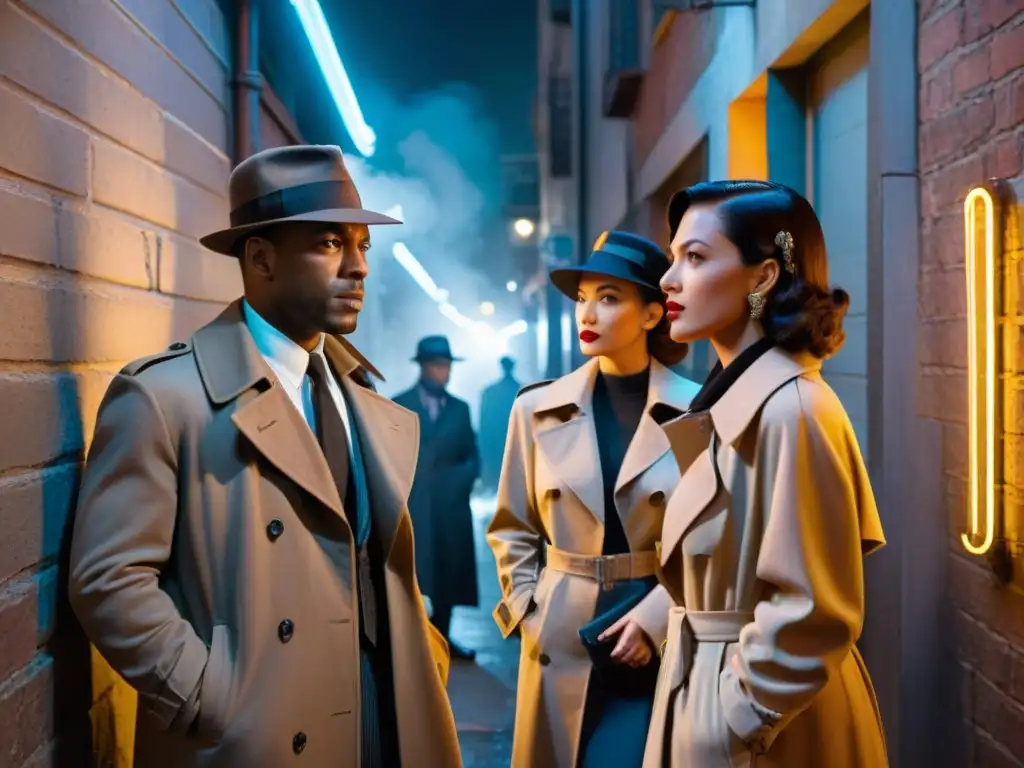 Un grupo diverso de detectives de cine noir en un callejón oscuro
