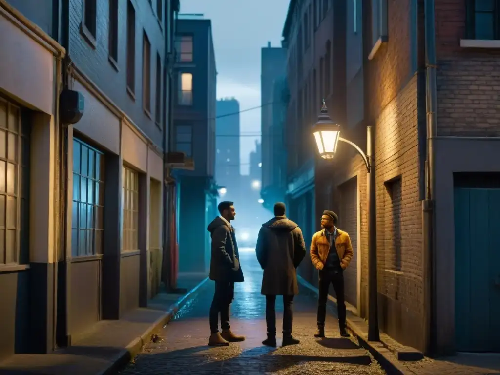 Un grupo de jóvenes se reúne en un callejón sombrío bajo la luz de una farola parpadeante, sus rostros iluminados en un resplandor inquietante