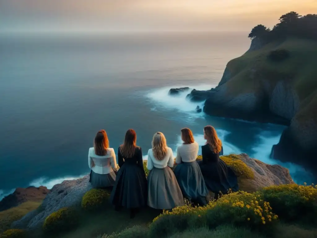 Un grupo de mujeres en silueta en un acantilado al anochecer, evocando el misterio y melodrama de 'Big Little Lies'