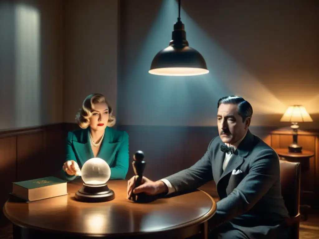 Atmósfera noir en una habitación con figuras misteriosas y una lupa vintage iluminada por una lámpara, Adaptación Agatha Christie siglo XXI