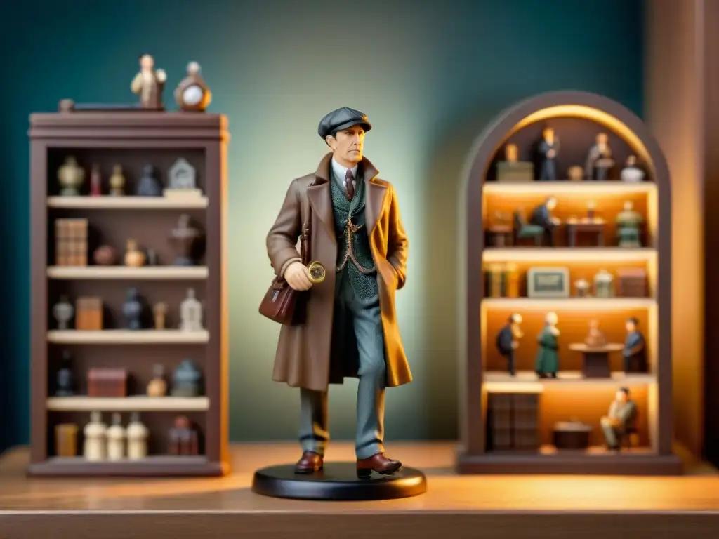 Una habitación sombría llena de estantes con una variada colección de figuras de Sherlock Holmes