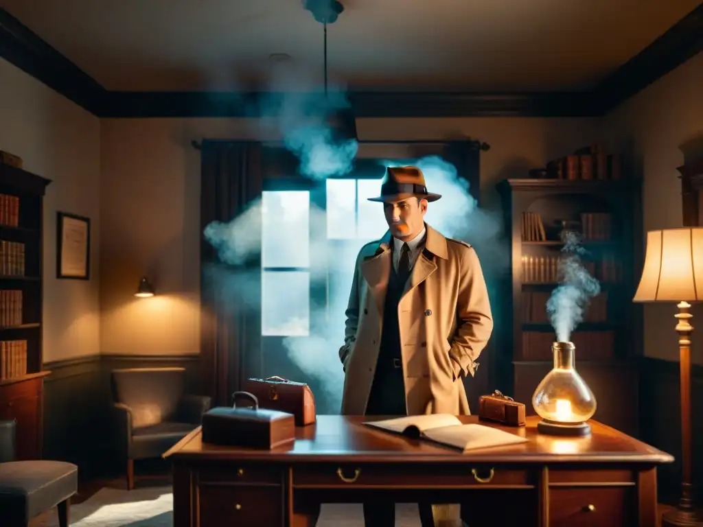 En una habitación tenue, un detective con sombrero y gabardina junto a un escritorio vintage lleno de archivos, lupa y whisky