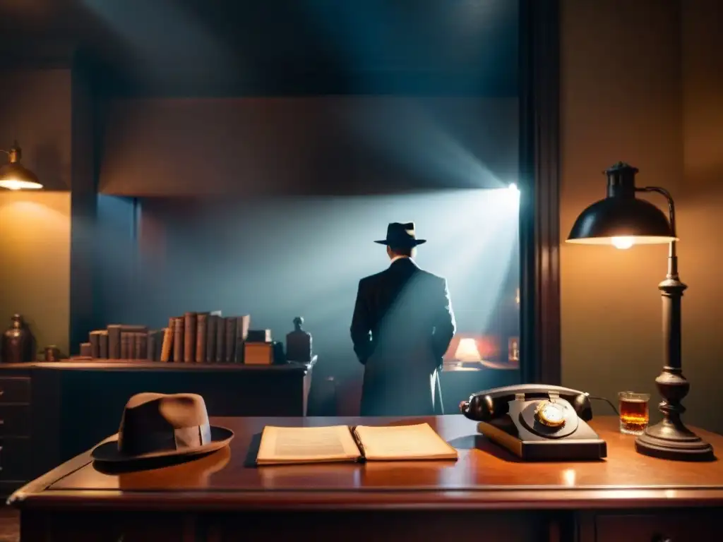 En una habitación tenue, detectives discuten con elementos clásicos, evocando escena de film noir