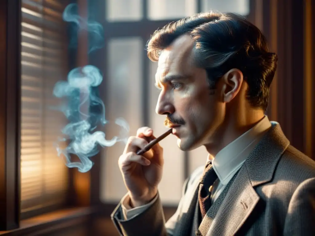 Sherlock Holmes reflexiona en una habitación tenue, fumando su pipa y sosteniendo una lupa