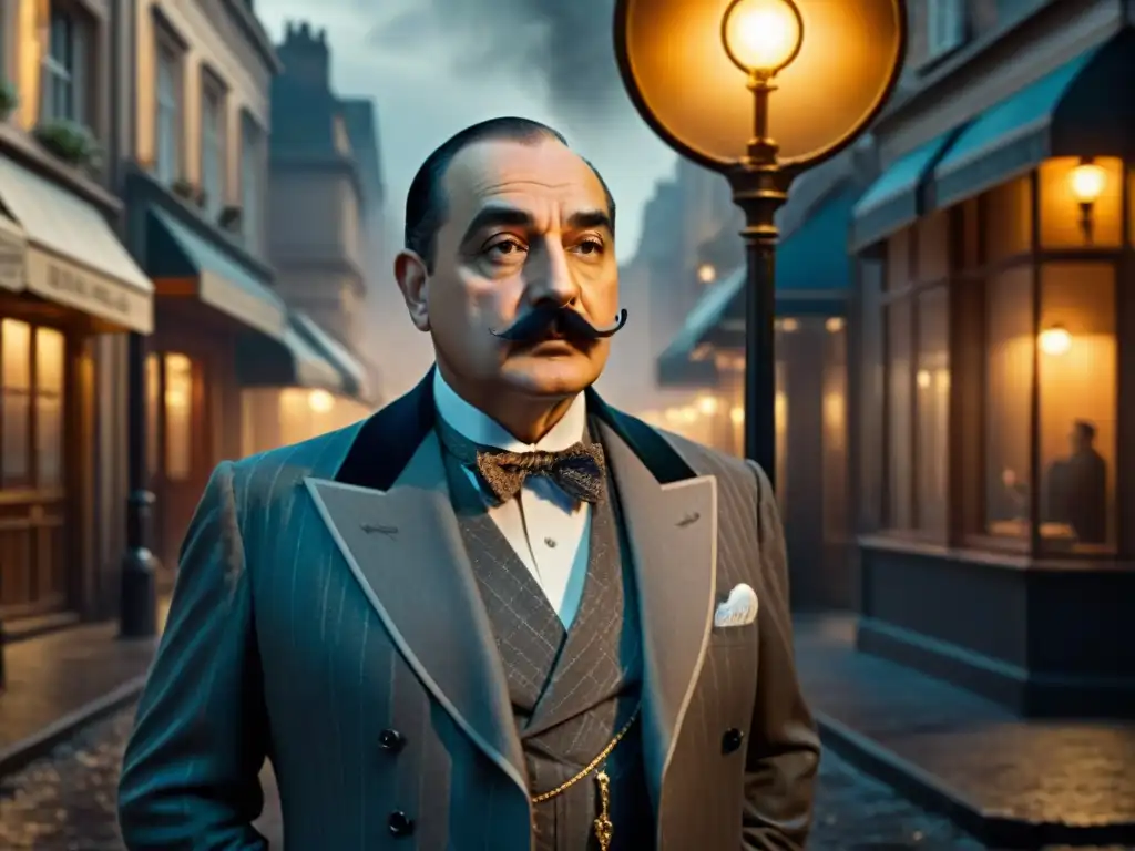 Hércules Poirot, elegante detective, resuelve misterios con precisión y sofisticación en una escena de Film Noir