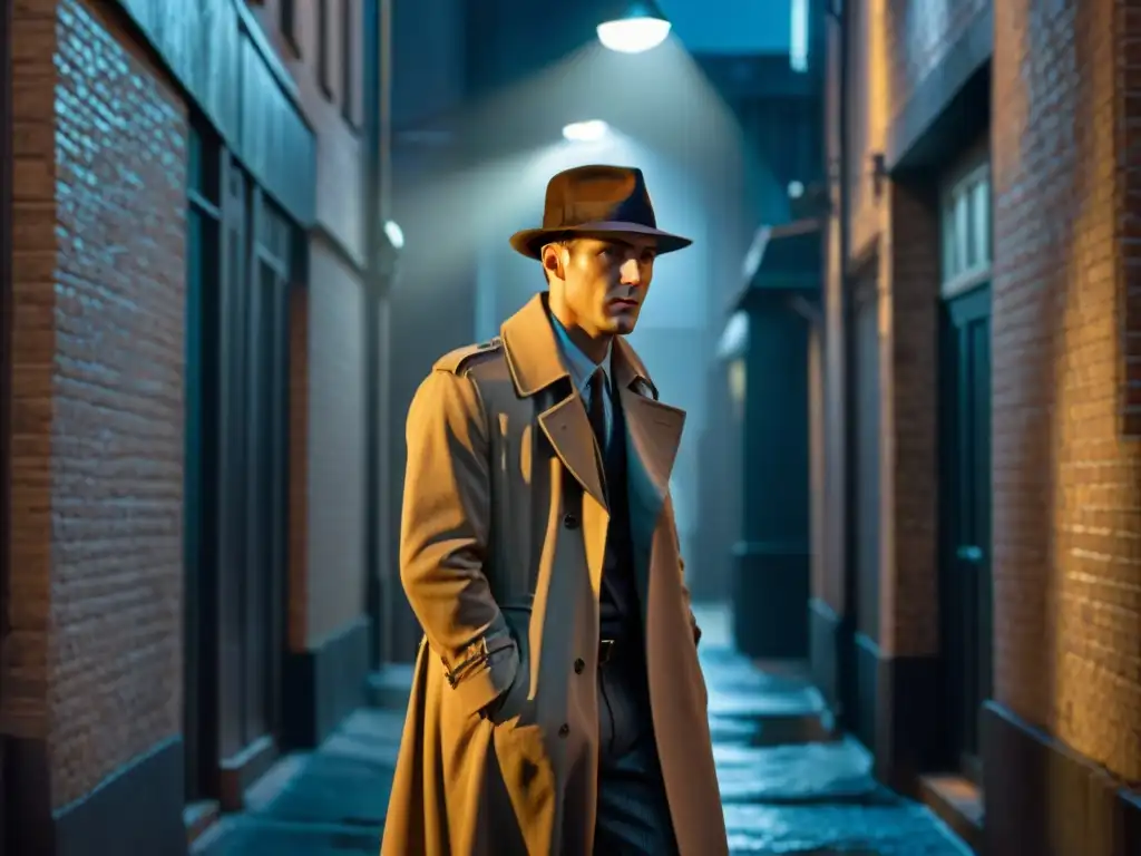 Imagen de un antihéroe en un callejón oscuro, estilo cine noir, con trench coat y fedora, en medio de una atmósfera de misterio y complejidad