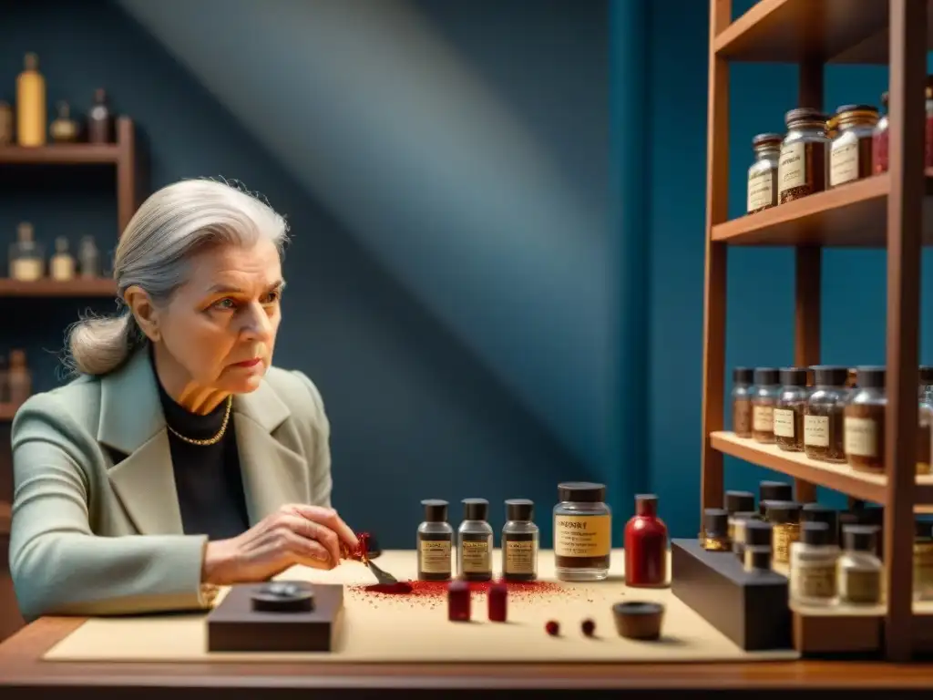 Frances Glessner Lee: Creando minuciosamente escenas de crimen en miniatura Una imagen detallada en 8k de Frances Glessner Lee creando minuciosamente una escena de crimen en miniatura en una habitación tenue