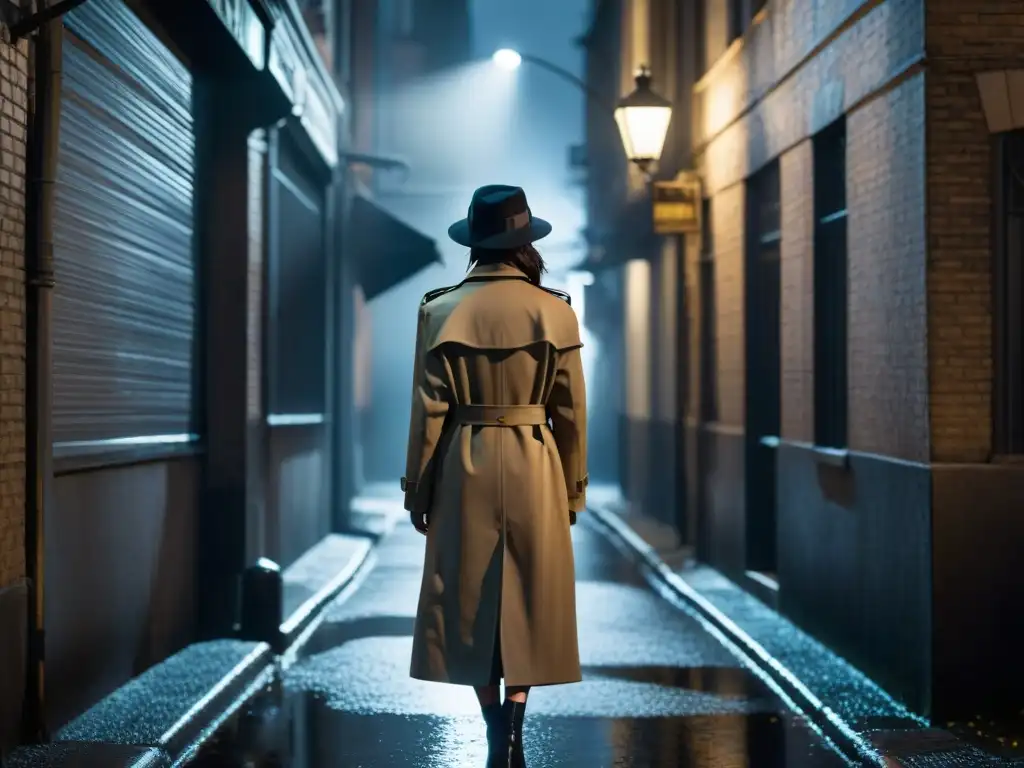 En la imagen, una detective femenina en la lluvia bajo una farola, evocando el cine noir