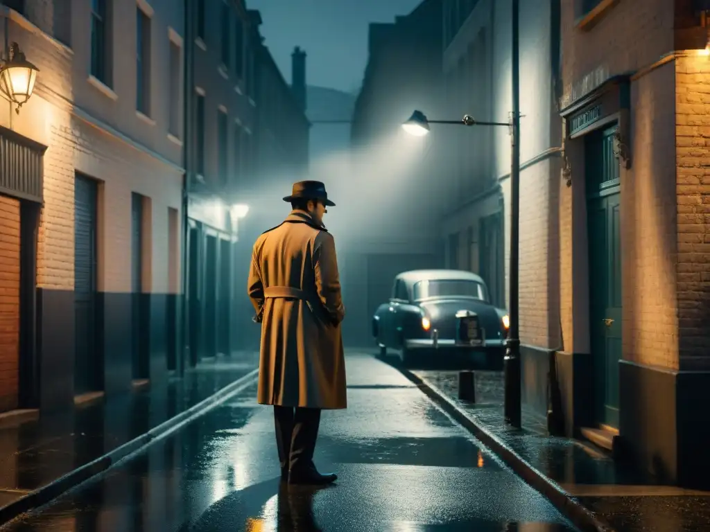 En la imagen, un detective solitario bajo la lluvia en un callejón oscuro