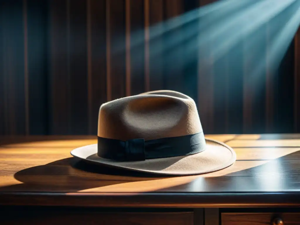 Una imagen evocadora con un sombrero fedora vintage bajo una sombra misteriosa, iluminado por una lámpara oscilante