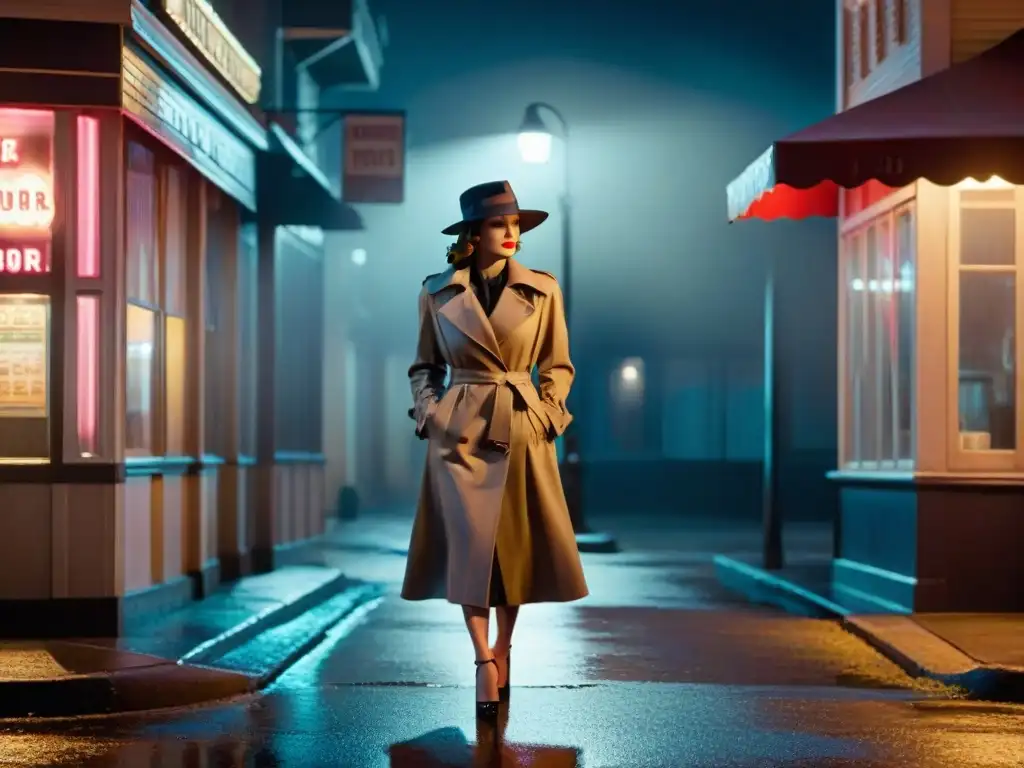 Imagen de una femme fatale misteriosa bajo una farola en la lluvia, evocando detectives icónicos cine televisión
