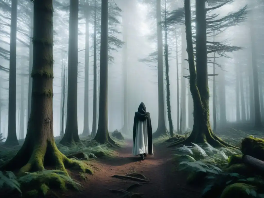 Una imagen inquietante en blanco y negro de un bosque denso y neblinoso, con árboles retorcidos y siniestros