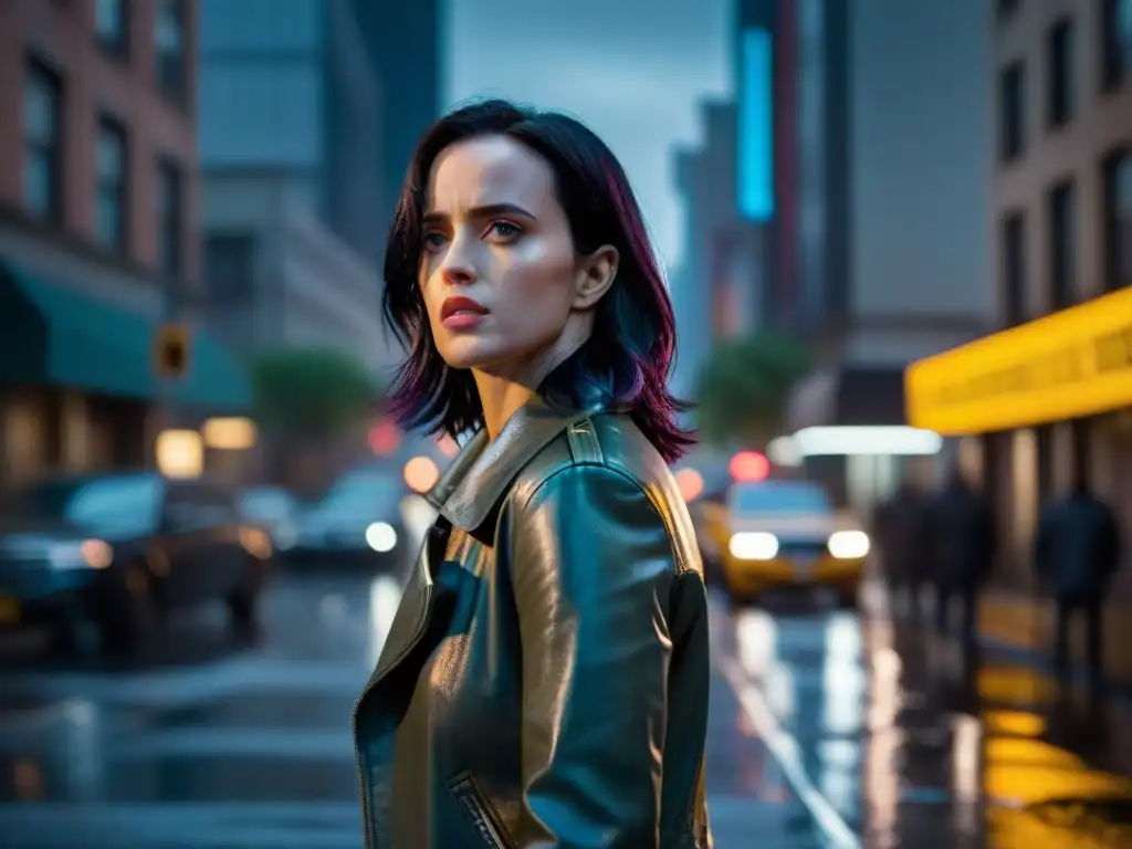 Imagen en 8k de Jessica Jones en la lluviosa y oscura ciudad de Nueva York, reflejando resiliencia en detectives de cine