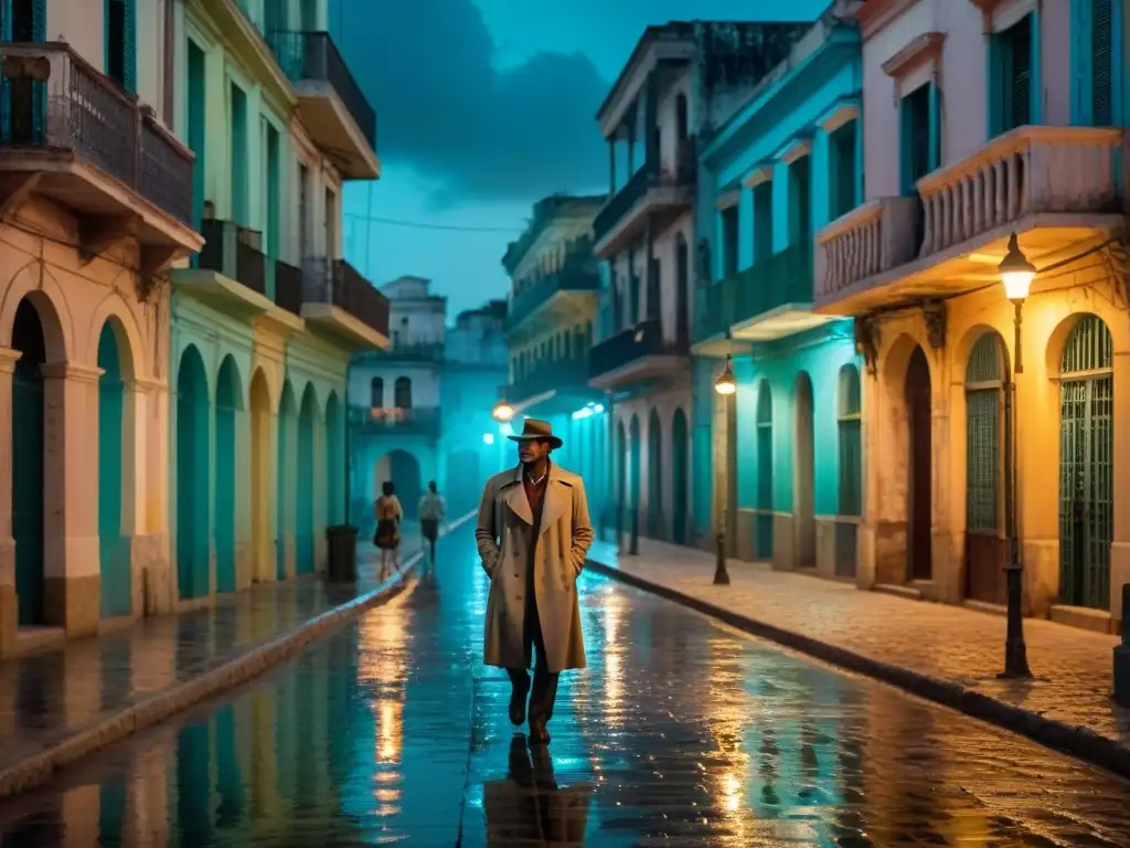 En la imagen, una misteriosa calle de La Habana de noche con un personaje en sombrero y gabardina bajo la luz de una farola titilante