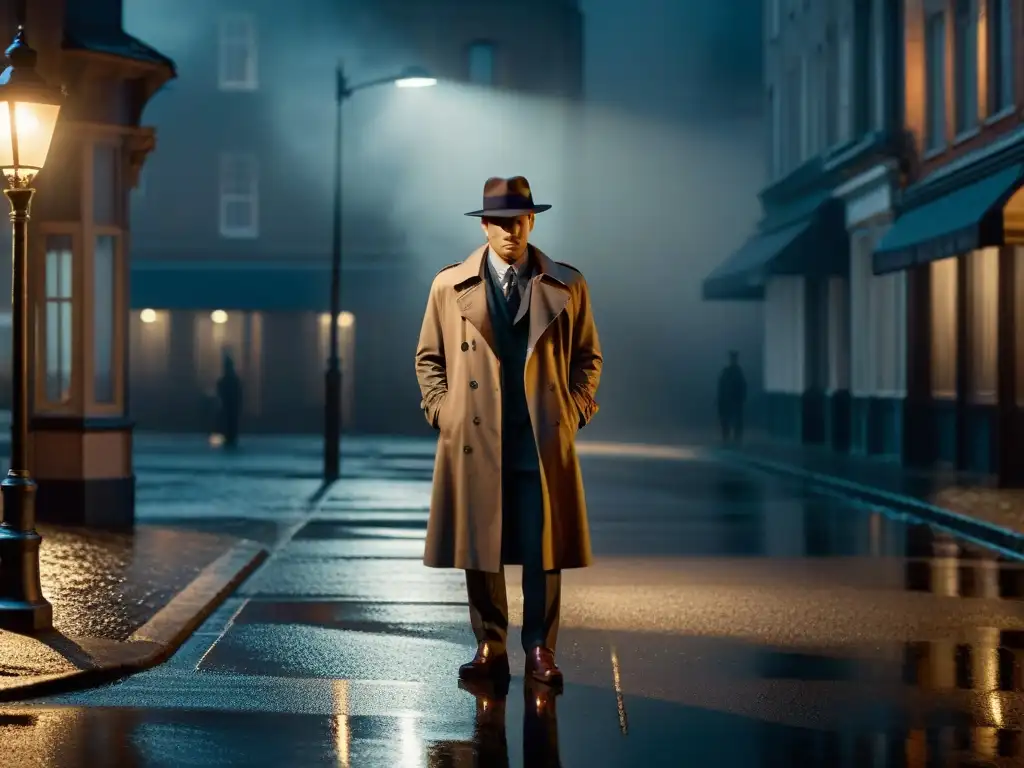 Imagen de película noir con un detective bajo una farola en la lluvia, evocando a Detectives icónicos del cine