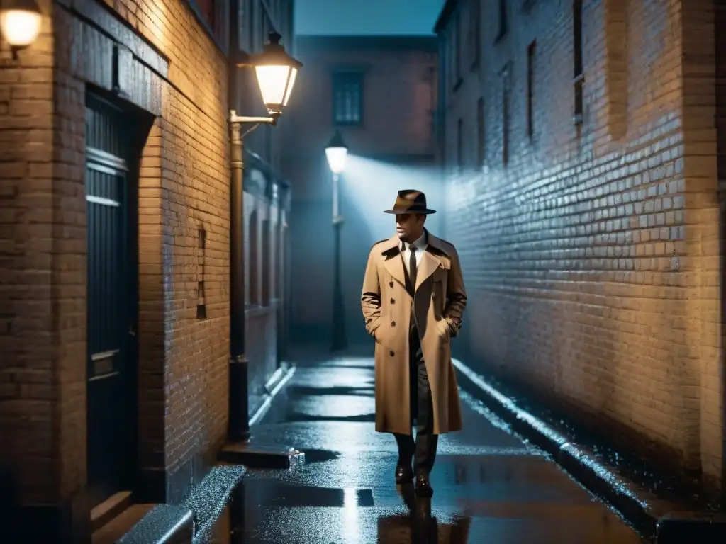 Importancia de la música en series de detectives: Solitario detective bajo la lluvia en un callejón oscuro al estilo Film Noir