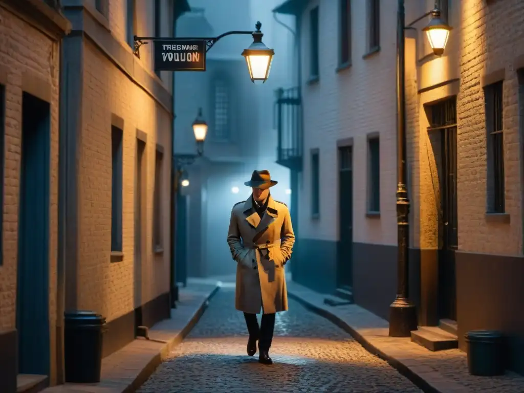 Influencia Raymond Chandler detective Philip Marlowe: Figura solitaria en un callejón oscuro, fumando bajo una farola titilante