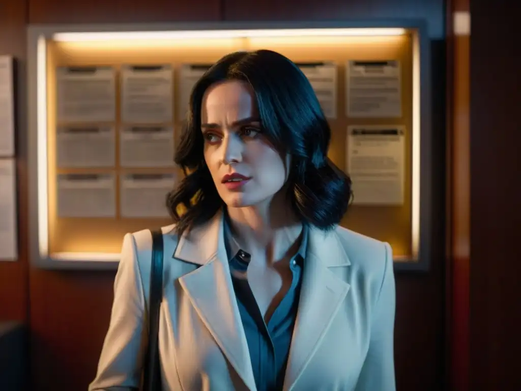 Jessica Jones inmersa en su análisis detectivesco en una oficina tenue iluminada, revelando su determinación