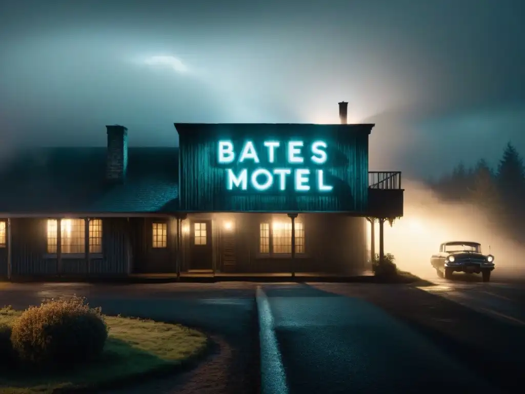 Inquietante vista del Bates Motel envuelto en niebla, iluminado por una sola luz