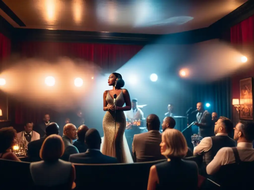 Intenso club de jazz con cantante en el escenario y público en sombras