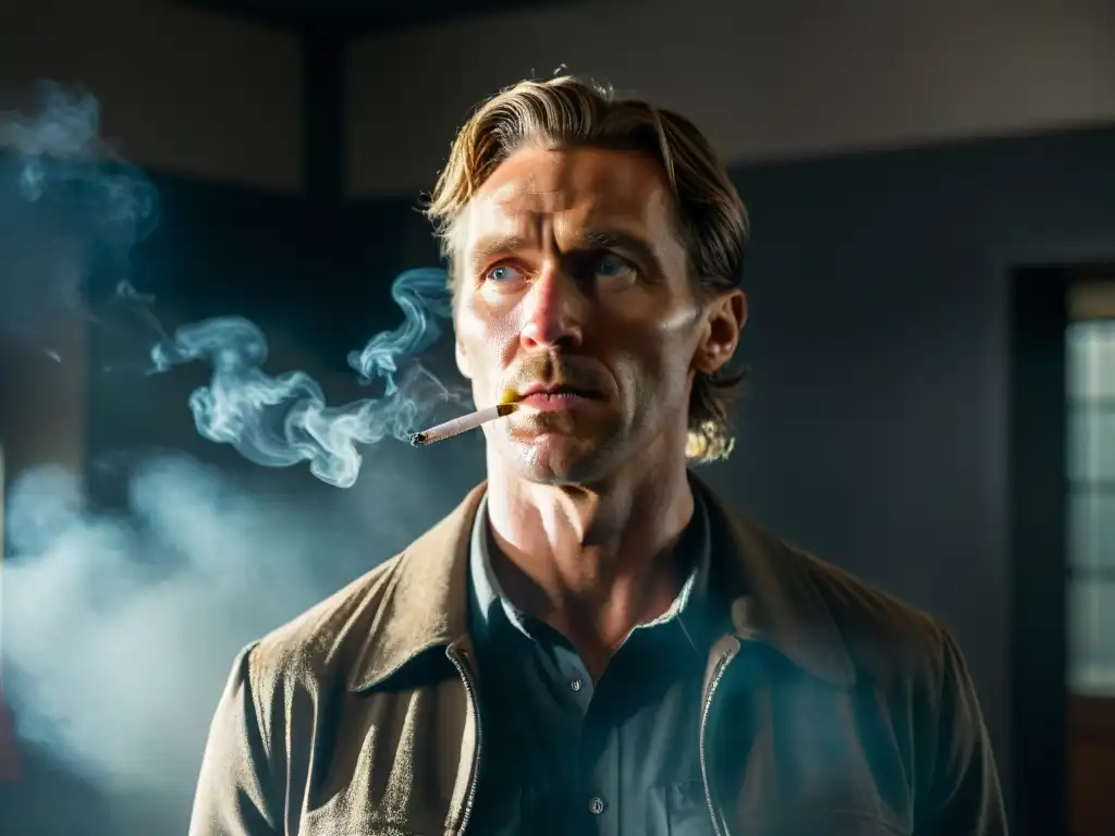 Intenso encuentro de Psique Rust Cohle True Detective en habitación sombría, humo de cigarro y miradas tensas