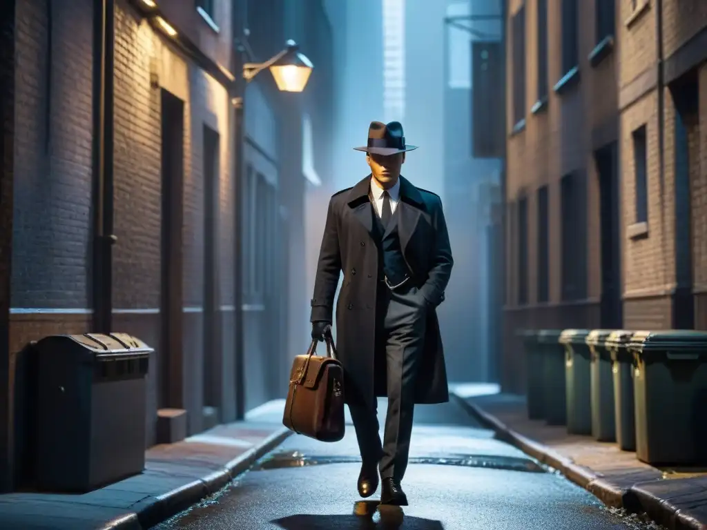 Intercambio clandestino en un callejón nocturno en blanco y negro estilo cine noir