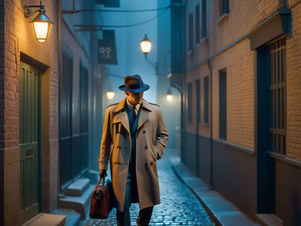 Intercambio clandestino de espías y detectives en cine noir en un oscuro callejón nocturno