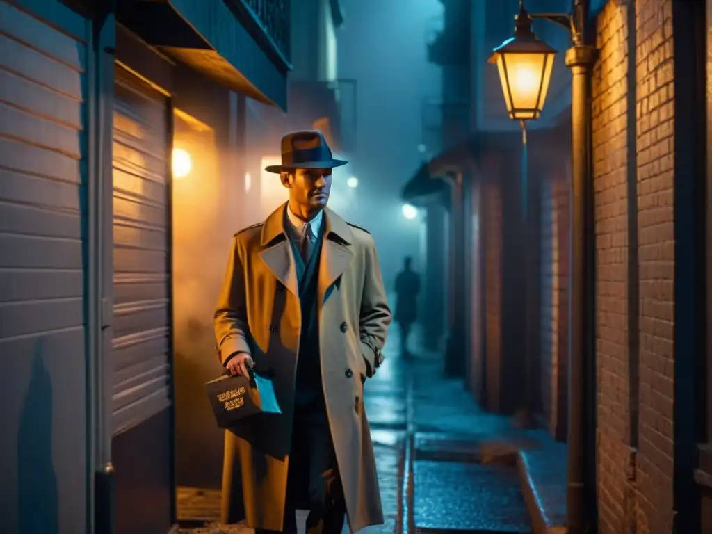 Un intercambio misterioso en un callejón oscuro iluminado por una farola, evocando el ambiente de un clásico escenario de cine noir