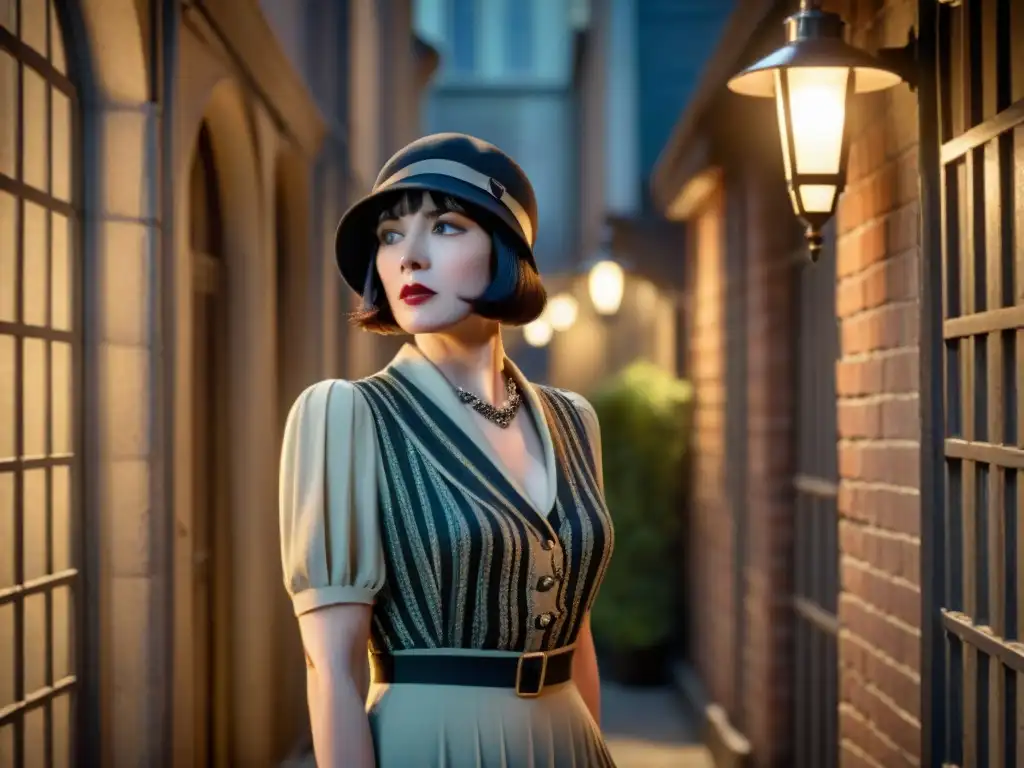 La intrépida detective Miss Fisher en un callejón nocturno, estilo años 20