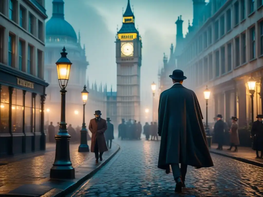 Enigmática figura en la neblinosa calle victoriana de Londres Intriga y espionaje en la misteriosa calle adoquinada de Londres victoriano, iluminada por lámparas de gas