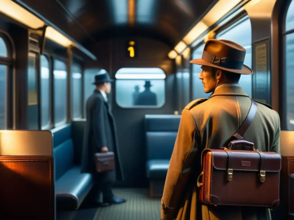 Escena de intriga en tren: maleta vintage con daga oculta y figura misteriosa en sombra Intriga y misterio en un vagón de tren, con una maleta revelando un puñal y una figura misteriosa, evocando 'Ética en adaptaciones de misterio'