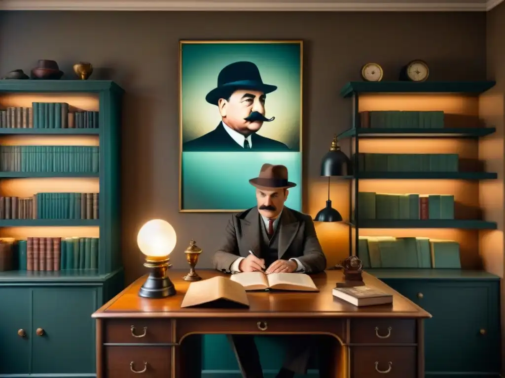 Un intrigante ambiente de estudio con un escritorio vintage, magnifying glass y lámpara de aceite, perfecto para la Psicología de detective Poirot