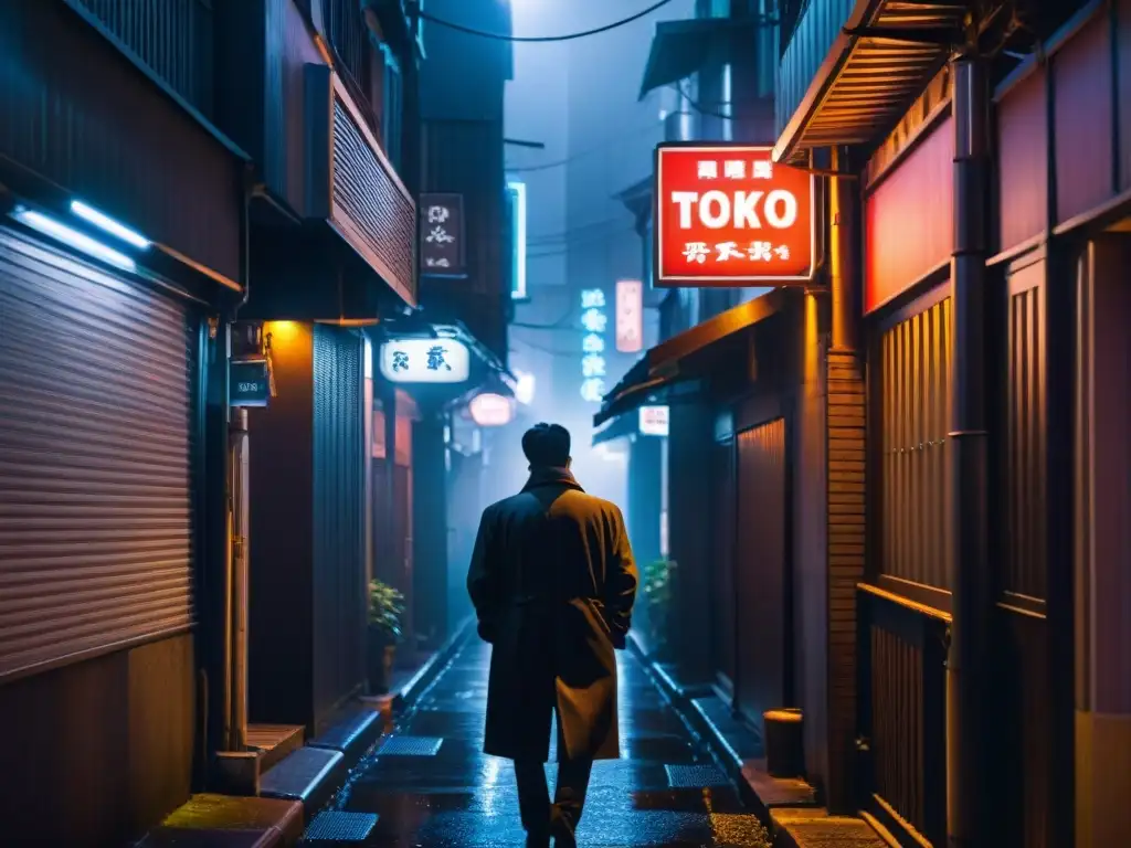 Intrigante callejón en Tokio de noche, con neón y sombras al estilo Film Noir