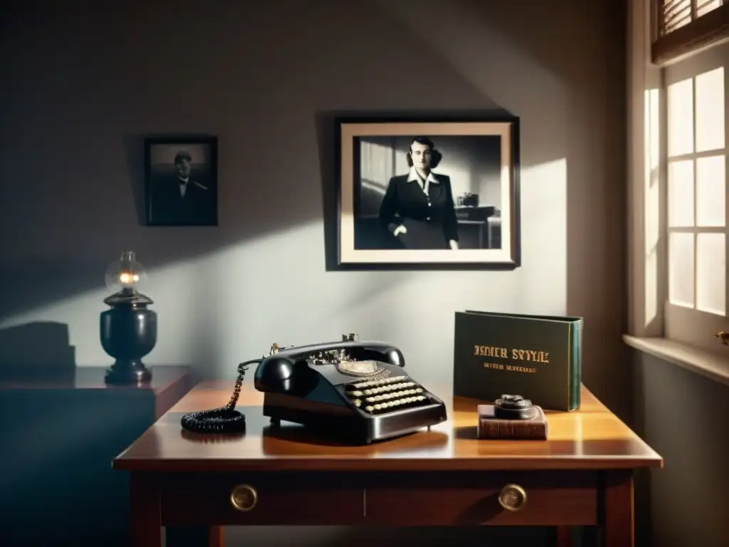 Intrigante escena al estilo film noir en blanco y negro con una figura sombría, teléfono vintage y retrato de mujer misteriosa